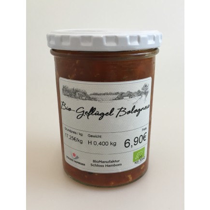 Bio Geflügel-Bolognese
Geflügelhackfleisch in Tomatensoße