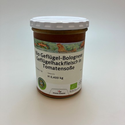 Bio Geflügel-Bolognese
- Geflügelhackfleisch in Tomatensoße -